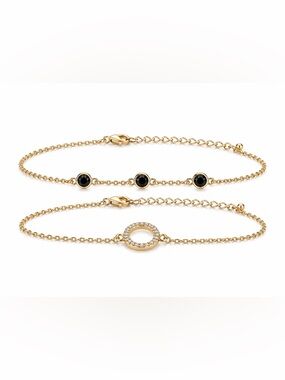 Gold Black Onyx & Crystal Circle Bracelet Set Adjustable 6–9.5” 2pcs